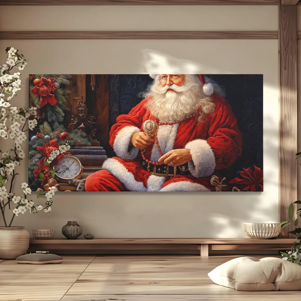 Tablou canvas cu mos craciun cu haina rosie, fara rama, pe sasiu de lemn